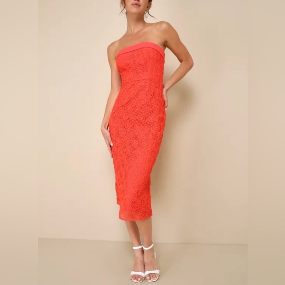 Lulus Chic Intent Bright Red Crochet Textured Strapless Midi Dress